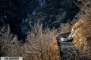 Tesla Model 3 – rear view, white on a winding mountain road